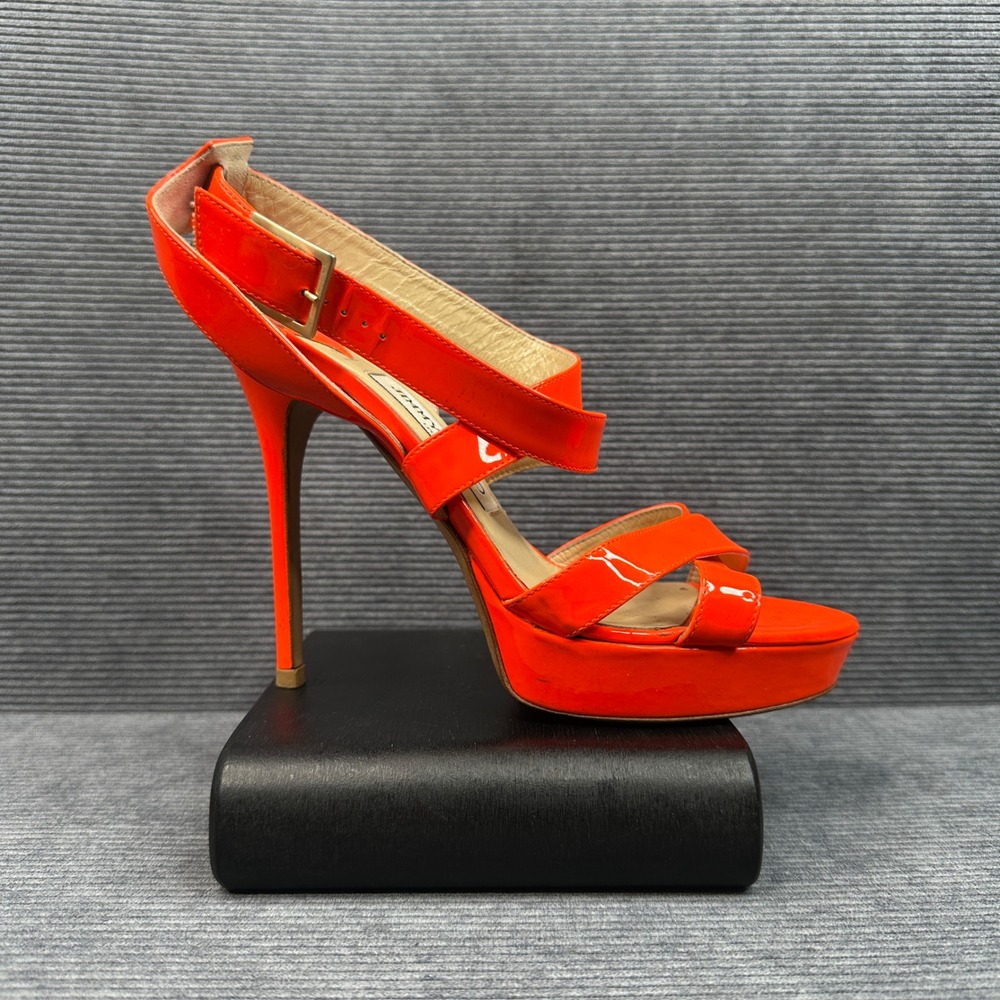 Jimmy Choo‎ Vamp Neon Orange Patent Leather Platform Sandals Stiletto Heels 38
